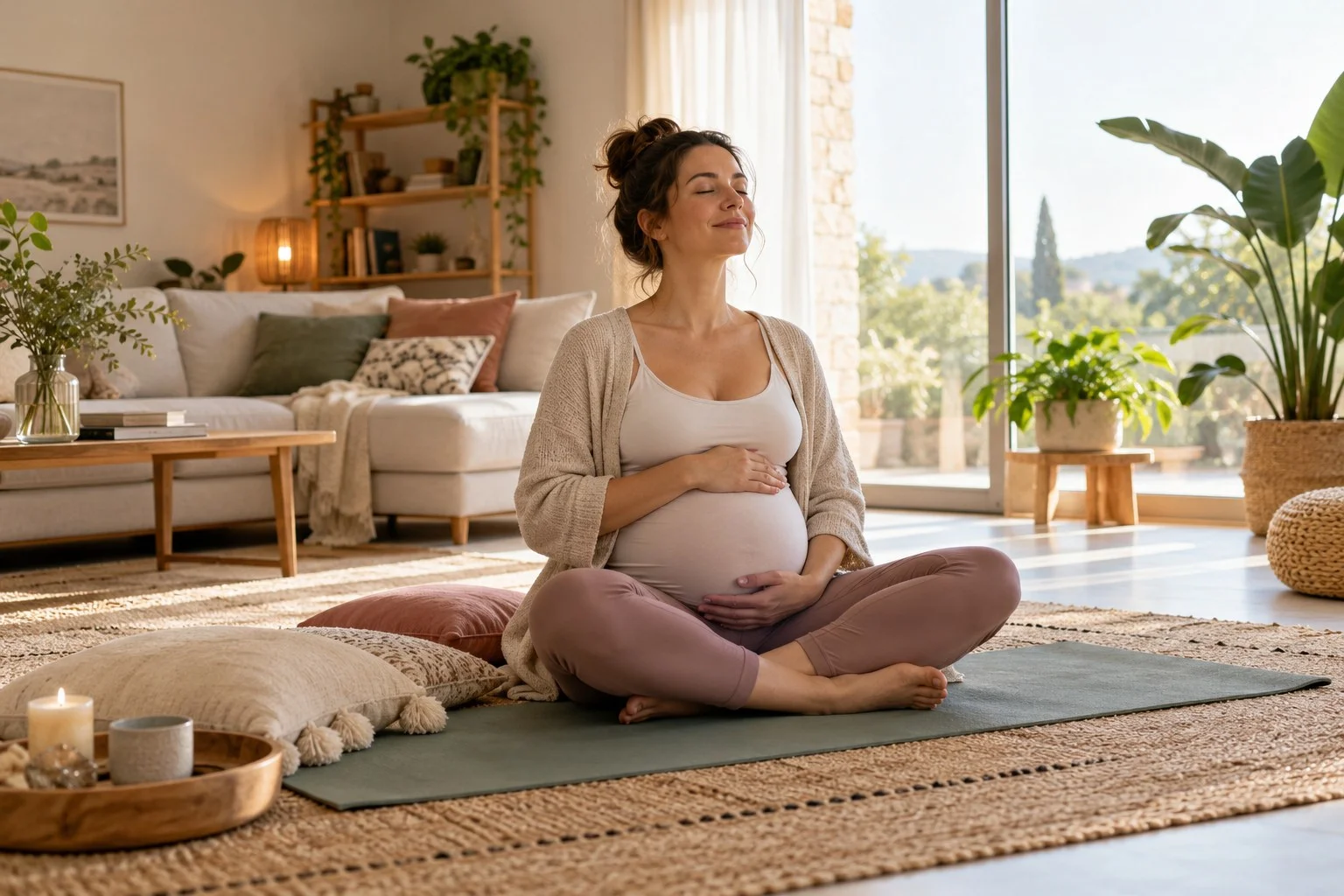 Une femme enceinte assise sur un tapis, les mains sur le ventre, les yeux fermés