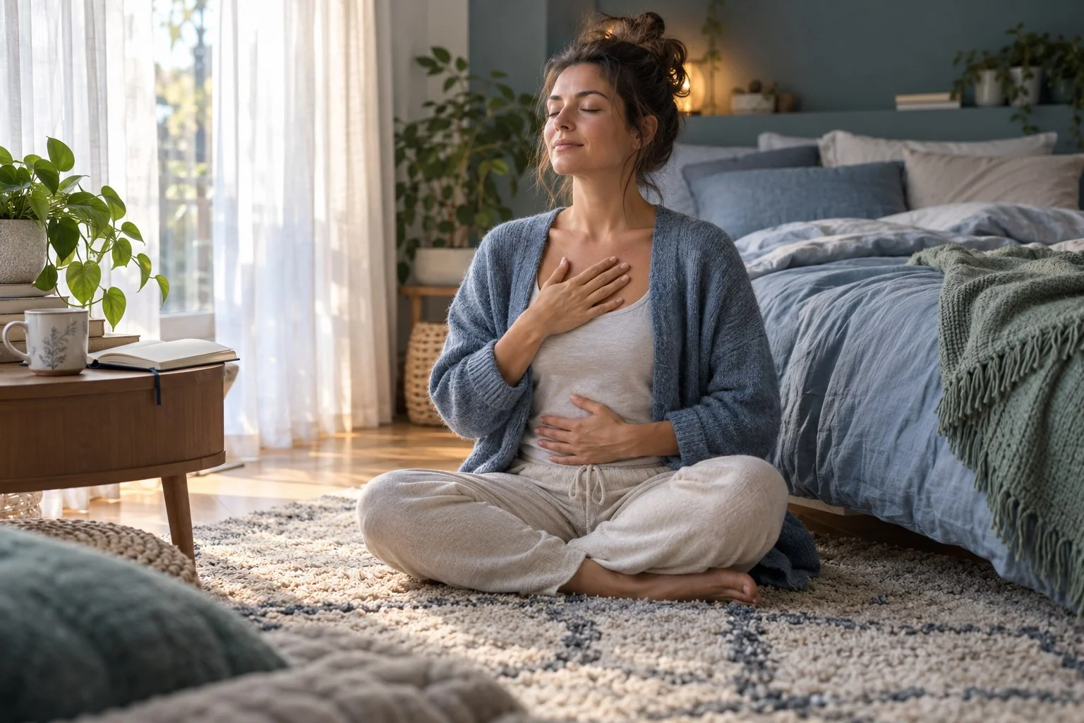 Une femme assise en tailleur dans sa chambre, une main sur la poitrine, l’autre sur le ventre, les yeux fermés